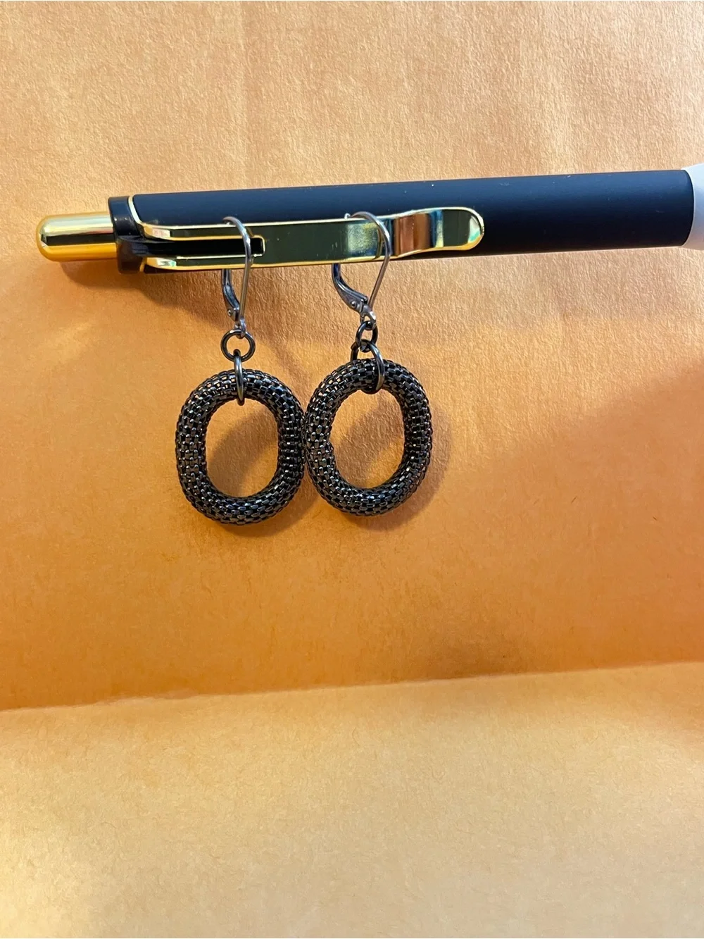 Textured Black Hoop Drop Earrings with Lever-Backs